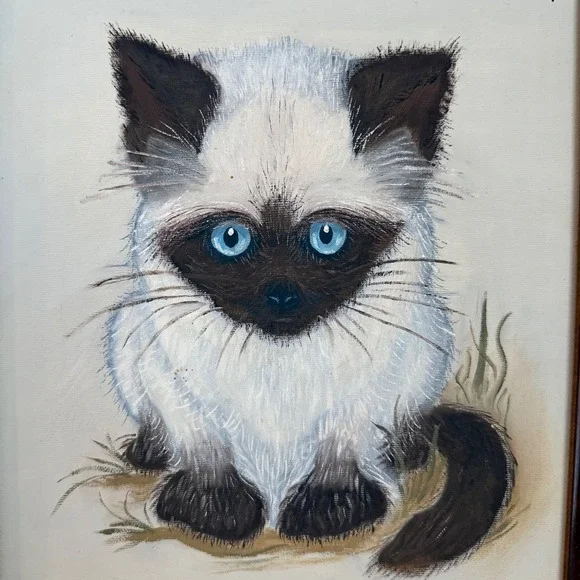Vintage Siamese Cat Painting Signed E Boscheck Framed Blue Eyes Kitten Art